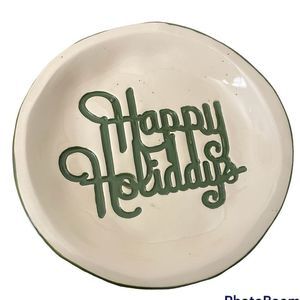 Happy holidays cream‎ green ceramic plate natural looking handmade plate decor